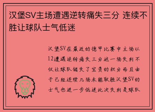 汉堡SV主场遭遇逆转痛失三分 连续不胜让球队士气低迷