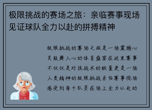 极限挑战的赛场之旅：亲临赛事现场见证球队全力以赴的拼搏精神
